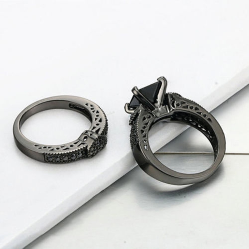 Valentines Black CZ Heart ❤️ Wedding Ring Set 7 - Picture 5 of 6